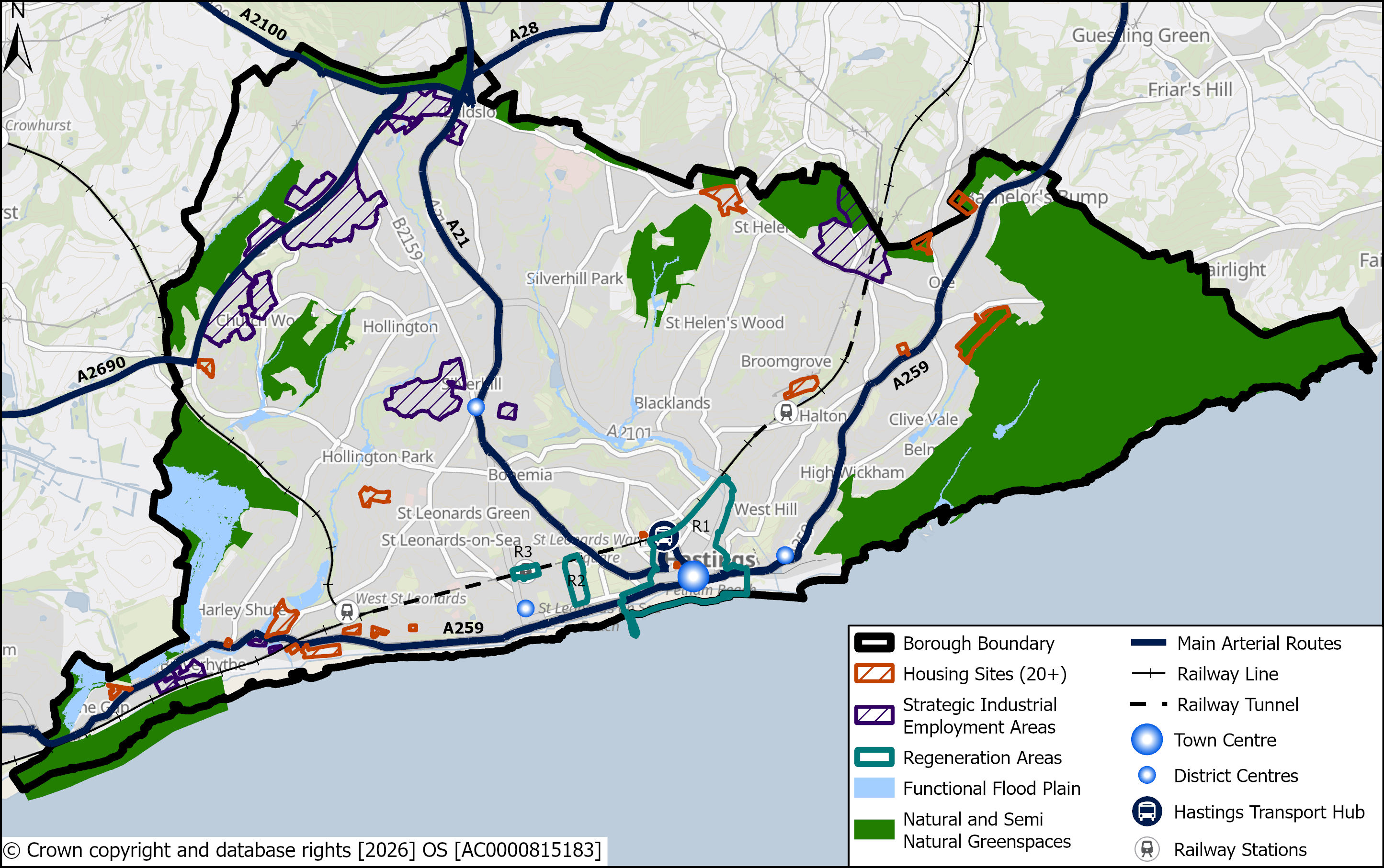 Map of Hastings Borough showing town and district centres, major transport routes including railways, green spaces, housing, industrial areas, and flood plains.