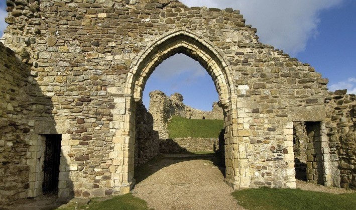 Pointed archway doorway at the ruins of Hastings Castle.